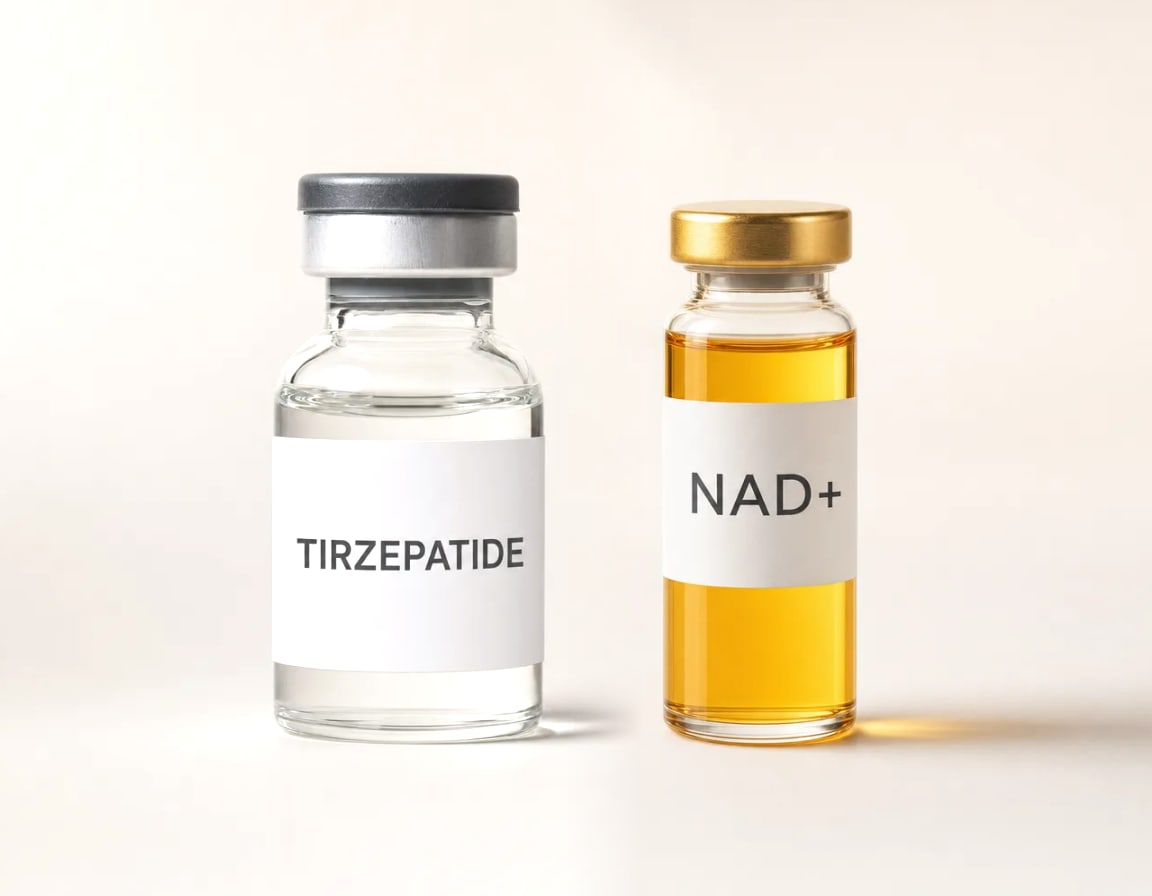Two prescription vials on a cream background, labelled Tirzepatide and NAD+